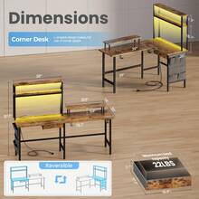 HLDIRECT L Shaped Desk With LED Light & Power Outlet, 59/63 Inch Reversible Corner Gaming Desk With Storage Shelves & Drawer, Computer Table With Monitor Stand For Home Office, Work & Study, Brown - 古樸棕 - 查看 9