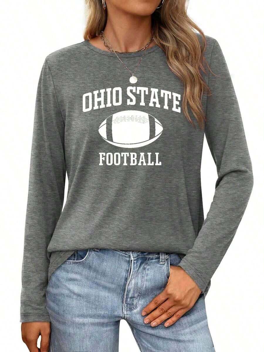 Ohio State Football Logo Design With Gradient Background Womens Long-Sleeve Crewneck T-Shirt-Unisex Plus Size Top - 灰色 - 查看 1