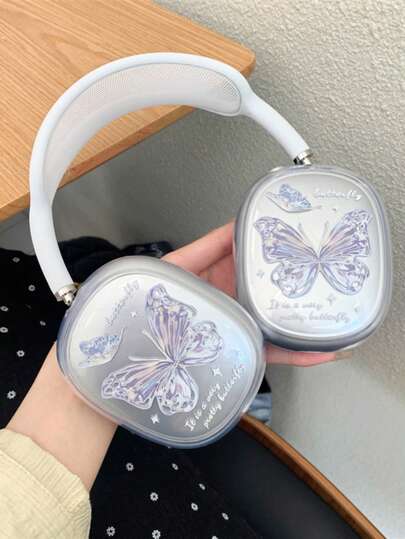 1 Pair Blue Butterfly TPU Transparent Soft Case Compatible With Apple Max, Protective Cover Compatible With Apple Headphones, Transparent