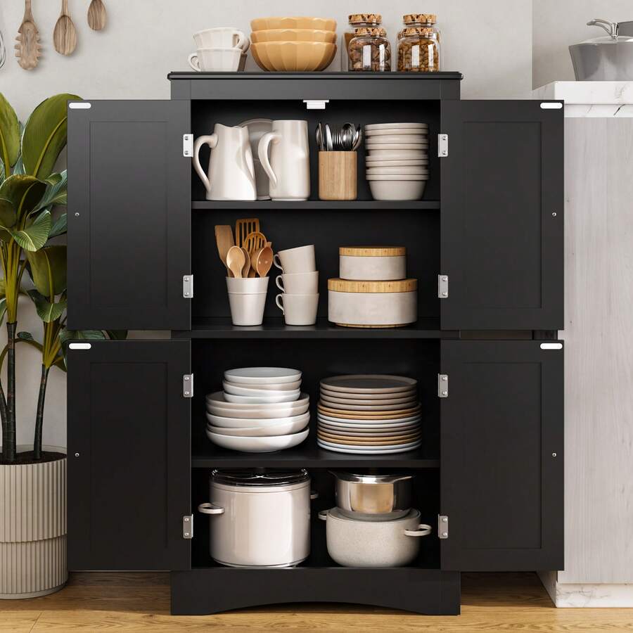 Asofer 43" Kitchen Pantry Cabinet, Freestanding Floor Cabinet With Adjustable Shelves And 4 Magnetic Doors, Bathroom Storage Unit, For Kitchen, Living Room, Black