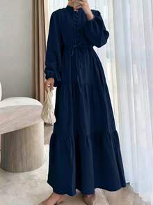 Đầm nữ thanh lịch màu trơn cài nút thắt eo, thích hợp cho các dịp thường ngày, tiệc sinh nhật, dạ hội trang trọng, hẹn hò, tay phồng, vạt áo phối màu, mùa thu/đông/xuân. - Màu xanh lam - Xem 3