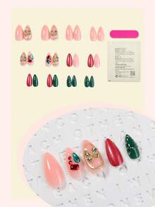 24 Stücke Weihnachts-Aufklebe-Nägel, mittlere Mandel-Form, Weihnachts-Serie mit 3D-Linien-Kunst-Dekoration, Legierungs-Schleifen-Strass-Design, vintage minimalistischer Stil, glänzende Oberfläche, Full-Cover Fake-Nägel für Frauen und Mädchen für den täglichen Gebrauch oder Weihnachtspartys