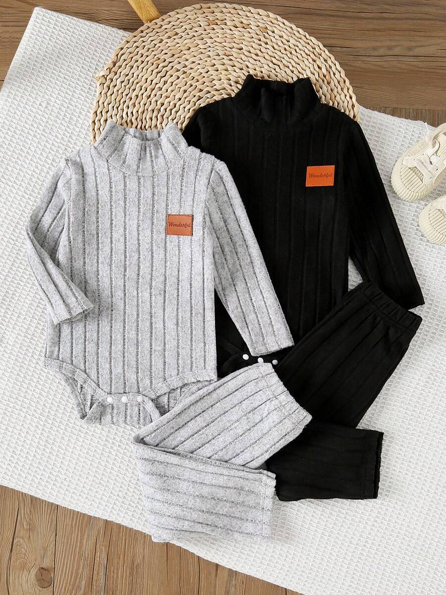 4pcs Baby Boy Autumn/Winter High Collar Rib Knit Set, Gray & Black Bodysuit + Pants, Warm & Soft Skin-Friendly - Infant Bodysuit For Indoor & Outdoor Wear - Multicolor - View 1