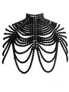 1Pc Women Faux Pearl Body Chain Handmade Beaded Top Vintage Style Multi-Layered Beaded Necklace Medieval Style Premium Sense Bridal Shawl Party Wear - Black - View 5