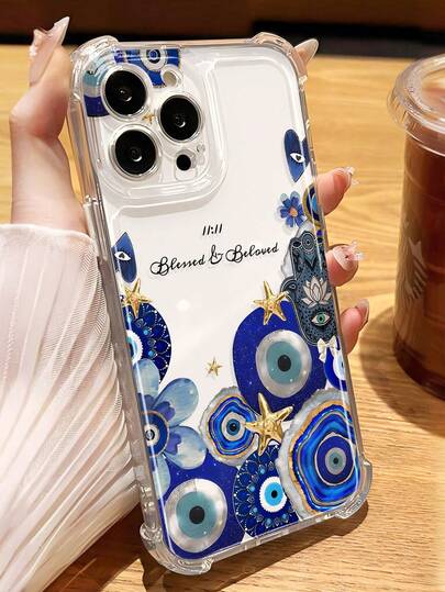 1pc Religious Symbol Demon Eye & Fatima Hand Graphic Transparent Anti-Slip Anti-Drop Soft Phone Case, SuitabCompatible With Applepung