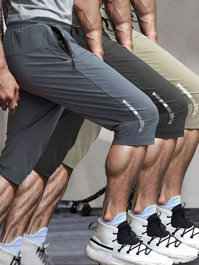 [Spring & Summer] Men's Quick Dry High Elasticity Solid Color Sports Training Outdoor Bermuda Shorts With Zipper Pockets, Reflective, Suitable For Fitness Sports Series