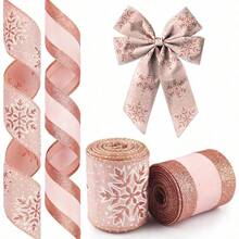 Glodecart - 2 rollos de cinta de Navidad para coronas lazos de regalo cinta de copo de nieve de oro rosa con purpurina para envolver regalos suministros de fiesta decoración manualidades manualidades de 2.5 x 10 yardas cinta de invierno con alambre - Estilo5 - Ver 1