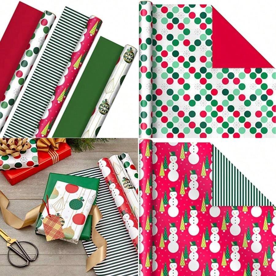 Hallmark Papel de regalo de Navidad rosa con líneas de corte en el reverso (3 rollos: 120 pies cuadrados) rosa, menta, oro, reno, árboles de Navidad, copos de nieve(rojo, verde) - Tipo 8 - Ver 1