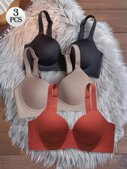 3pcs Set Non-Wired Seamless Lightly Lined Push Up Bras With Adjustable Wide Straps, Comfortable & Breathable, Elegant Solid Color Underwear For Women, Black/Red/Gray