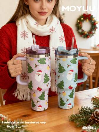 1pc Christmas Santa Claus & Christmas Tree Element, 40oz-14oz Large Capacity Handled Tumbler, Insulated Stainless Steel Travel Mug, Suitable For Travel, School, Office, Outdoor, Gym, Home, Christmas Gift, Gift For Women & Teens, Holiday Gift, Birthday Gift (With Straw)