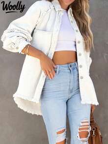 Plus Size Women Patchwork Fringe Denim Jacket Casual Spring White - White - View 2