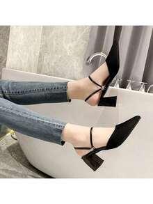 Las mujeres del dedo del pie puntiagudo envolver la cabeza del talón medio sandalias de tacón grueso, el temperamento de tela transpirable sandalias de medio arrastre - Negro - Ver 5