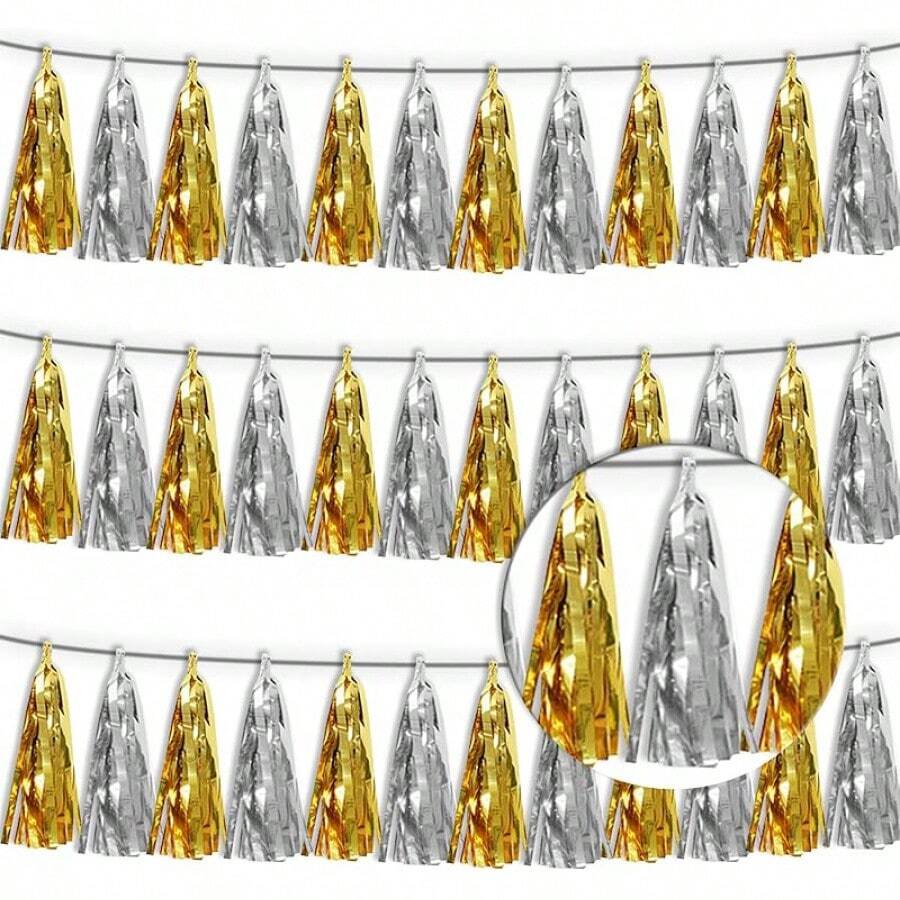 3P Metallic Fringe Tassel Banner Garland Foil Tinsel Streamer Wall Hanging Curtain Backdrop Banner For Parade Floats, Graduation Decorations, Father's Day Party Decoration(Silver)Halloween Christmas New Year - 黃金 銀 - 查看 1