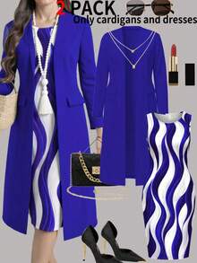 Spring/Autumn Plus Size Women's 2 Pieces Set Dress, Spring Outfit For Women's Office And Formal Occasions Elegant - Blue - View 3