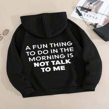 Letter Print Simple Hoodie, Casual Drawstring  Pocket Hoodies Sweatshirt, Women's Clothing - Black - View 2