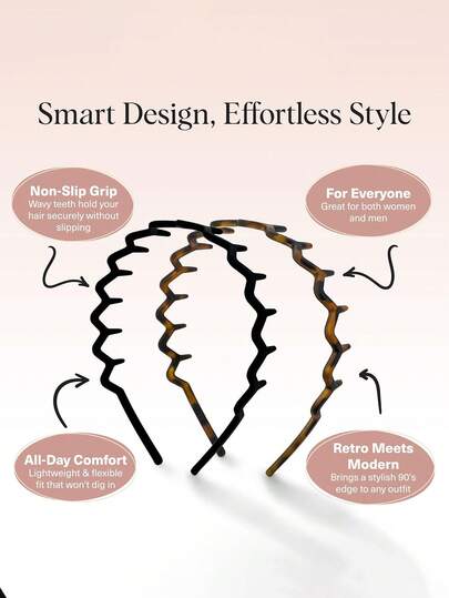 时尚防滑无负担塑料发箍 – 打造光滑后梳发型的时尚配饰 – 带齿舒适梳子发箍 | 女士理想礼物 – 玳瑁色和黑色发箍 – 2 条装