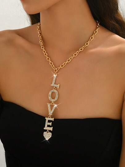 1pc Minimalist European & American Style Gold Color LOVE Letter Heart Pendant With Glass Rhinestones, Gold Chain Y-Necklace For Women, Jewelry Gift For Vacation, Party, Valentine's Day