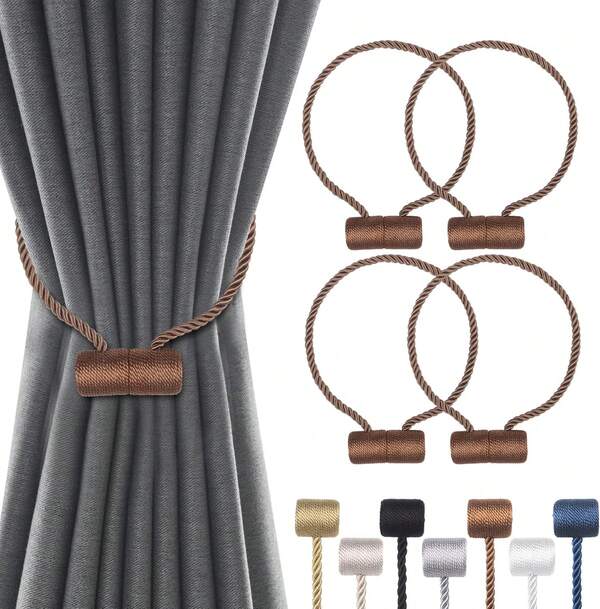 Paquete de 4 alzapaños magnéticos para cortinas, alzapaños para cortinas al aire libre, alzapaños modernos de cuerda para cortinas, alzapaños para cortinas (café, 4),25592975