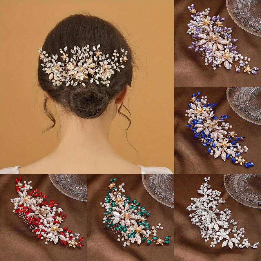 Rhinestone Pearl Hair Comb - Royal Blue - View 1