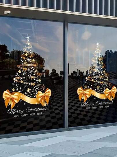 1 pieza Pegatina de pared dorada alegre - Pegatina de ventana navideña, Pegatina de ventana de árbol de Navidad con estrella de cinco puntas y copo de nieve, Pegatina de arte de pared DIY, Pegatina de vidrio con adherencia estática, Reutilizable, Adecuada para dormitorio, sala de estar, oficina, cocina, baño, estudio de danza, gimnasio, ventana del coche, decoración del hogar, decoración navideña, regalo de Navidad, decoración de la habitación, decoración de invierno y otras decoraciones para fiestas navideñas
