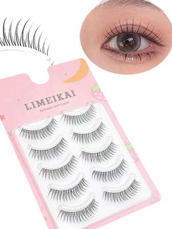 LIMEIKAI 5 Pairs Natural Short False Eyelashes With Hard Stems, Daily Work Simulation, Nude Makeup Can Support Double Eyelids, False Eyelashes
