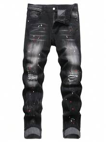 Men's Stretchy Slim-Fit Distressed Comfortable Jeans, Vintage Style, Machine Washable, Suitable For All Seasons, Casual Versatile Denim Pants - Black - View 1