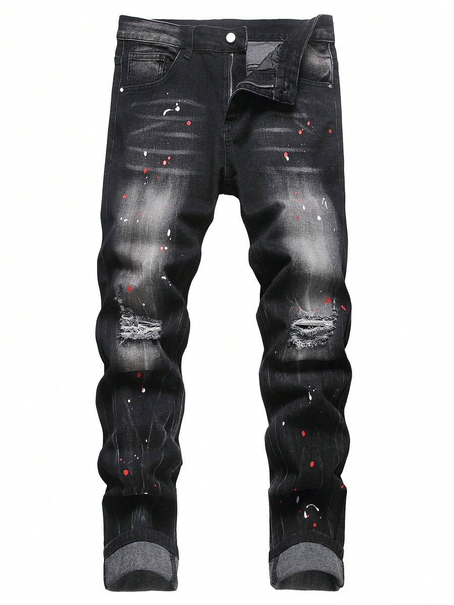 Men's Stretchy Slim-Fit Distressed Comfortable Jeans, Vintage Style, Machine Washable, Suitable For All Seasons, Casual Versatile Denim Pants - Black - View 1