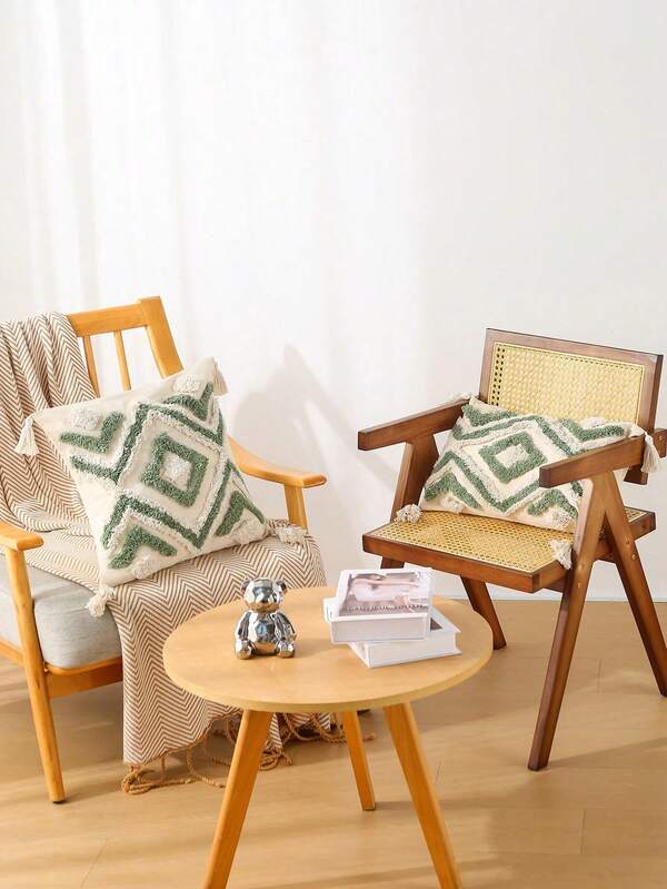 1pc Bohemian Style Geometric Tufted Tassel Pillowcase, 45x45cm/30x50cm, Zipper Closure, Hand Wash Only, Suitable For Sofa And Chair Decor, Decorative Pillow