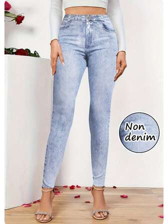 Damleggings med hög midja och stretch i konstjeans – Slim fit och elastisk midja för skinny yogabyxor för höst/vinter, vardag, resor, utomhusträning