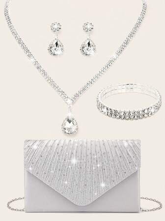 4 delar kvinnors strass kvällskuvertväska strass öronklämma brud bröllop choker armband dingel bling glitter handväska kuvertväska kvällsväska för kvinnor bal glittrande handväska med avtagbar kedja för bröllop och fest axelväska för kvinnor