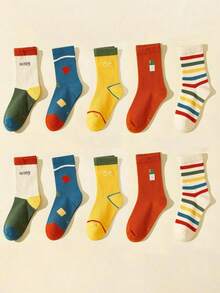 5双/10双装儿童几何条纹中筒袜，黄色、红色、蓝色，适合送礼、派对、四季皆宜 - 彩色 - 查看 14
