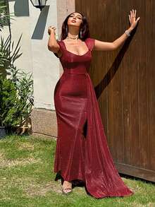 Elegant Lady Sequin Backless Long Dress - Red - View 2