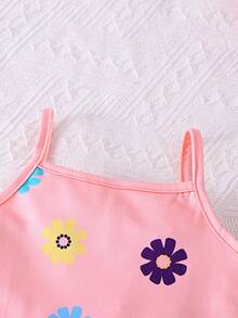 2 piezas Vestido ajustado de punto estampado cómodo para niñas con tirantes de espagueti - Morado - Ver 3