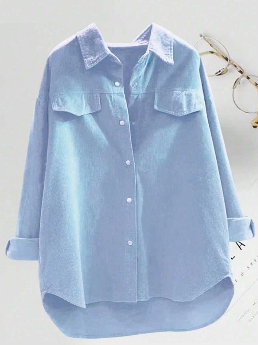 Women's Fashion Polyester Turndown Collar Long Sleeve Drop Shoulder Corduroy Casual Shirt, Asymmetric Hem With Button Detail Spring - Baby Blue - View 1