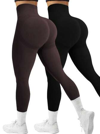 2Pcs Women Seamless High Waist Yoga Pants, Peach Hip Lifting, Moisture Wicking, Versatile For Daily Wear & Workout Tights