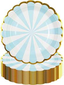 50PCS Blue Birthday Party Plates,  Dessert Plates, Scalloped Gold Foil Edge Dinnerware Party Supplies For Birthday Weddings Parties,25837424 - 藍色 - 查看 1