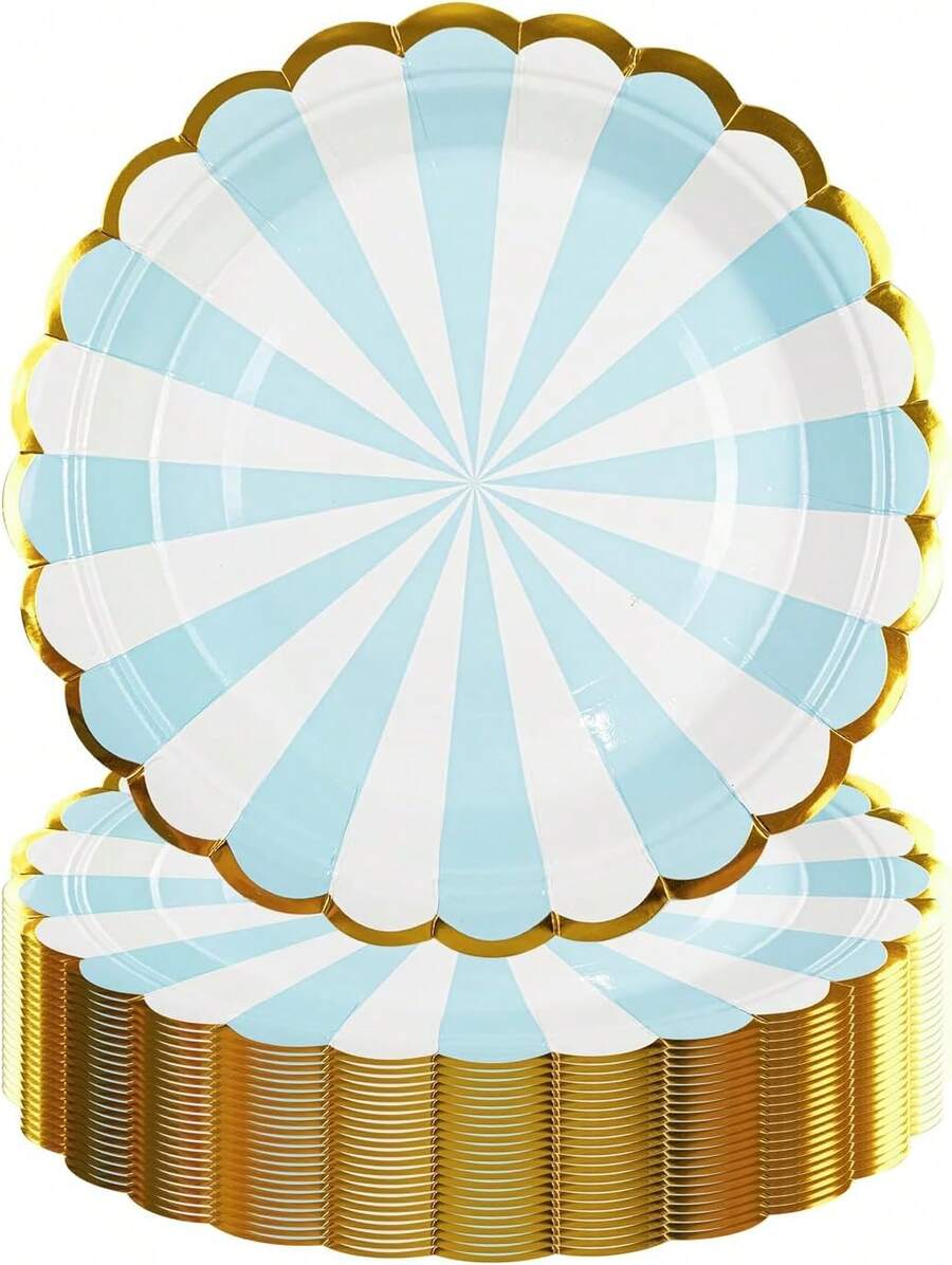 50PCS Blue Birthday Party Plates, Dessert Plates, Scalloped Gold Foil Edge Dinnerware Party Supplies For Birthday Weddings Parties,25837424 - 藍色 - 查看 1