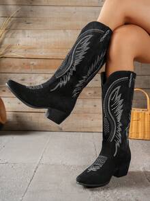 Women's New Solid Color Fashion Versatile Slip-On Wedge Heel Embroidered Wing High Boots, - Black - View 2