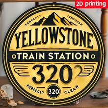 1pc 2D Flat Printing Vintage Train Station 320 Round Metal Plaque With Mountain Landscape, Vintage Style Wall Art Suitable For Club, Corridor, Bar, Cafe, Garage Decor, Metal Wall Art, Large Metal Wall Art, Bar Decor, Wall Decor, Nostalgic Design, Country Style Decor, Handmade Sign, Durable Metal, Decorative Plaque, Home Decor Enthusiasts, Vintage Collectors, Perfect For Room Decor, Random Hole Positions