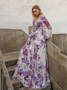 Faeriesty 印花女士正式晚礼服，灯笼袖，方领，A字廓形，花卉印花连衣裙 - 完美适用于婚礼宾客着装、盛大晚宴、舞会、歌剧之夜、慈善舞会 - 紫色 - 查看 8