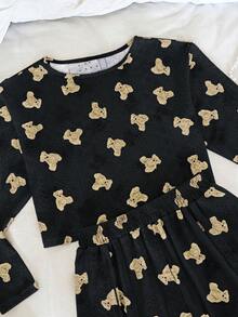 Nina Bonheur 2件套女士舒适镂空小熊印花长袖上衣和短裤睡衣套装 - 圆领上衣 + 侧开衩短裤睡衣，秋冬服装 - 黑色 - 查看 4