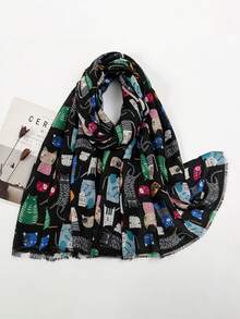 1pc Women Bohemian Style Tassel Cat Printed Scarf Shawl