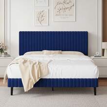 Twin/ Full/ Queen/ King Upholstered Size Bed Frame, Adjustable Velvet Headboard, Modern Bed Frame With Horizontal Channel Design, Strong Wooden Slats Support, No Box Spring Needed, Noise-Free, Easy Assembly, Twin Bed Frame Room Decor Home Decor Christmas Decor Bedroom Decor Valentine Day Decor Storage Living Room Decor Furniture House Decor, Pink/ Green/ Black/ Blue/ White - 藍色 - 查看 12