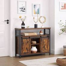 Mueble Auxiliar de Estilo Industrial y Casa de Campo con Puertas Deslizantes de Granero - Aparador de Madera Rústica y Metal para Almacenamiento en Cocina, Comedor o Sala de Estar - Camel - Ver 3