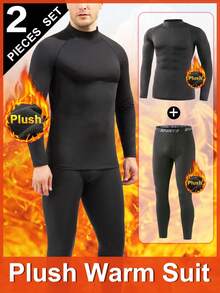 Zestaw męskiej bielizny termicznej, bluzka z długim rękawem i długie spodnie, czarny jednolity kolor, gruby, obcisły strój fitness, ciepło i wygoda podczas uprawiania sportów na świeżym powietrzu w zimne dni, takich jak narciarstwo, jesień/zima