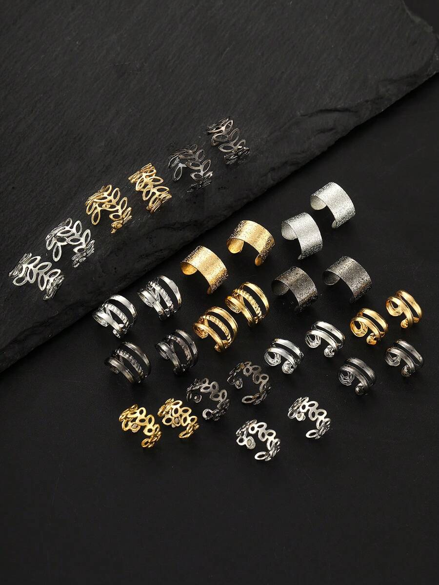 Set de 30 de cercei clips cu model geometric simplu din metal, potriviți pentru femei, cupluri, unisex, vacanță, întâlnire, zi de zi, petrecere, nuntă, cadou pentru mama, prieteni, Crăciun - Multicolor - Vizualizare 1