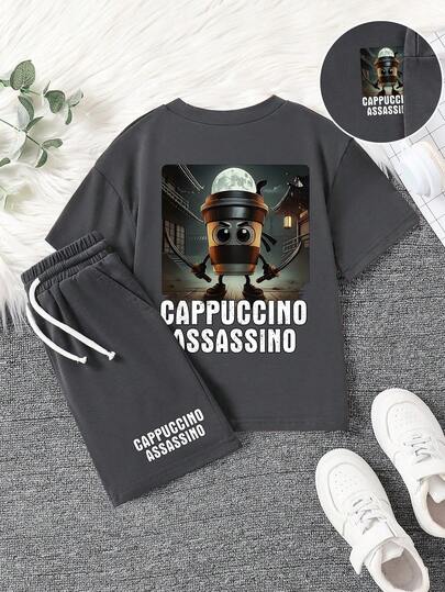 Toddler Cartoon Print Short Sleeve T-Shirt And Shorts Set