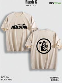 Men's Pattern Washed T-Shirt - Double Sided Printing, 100% Cotton, Short Sleeved, Summer Casual T-Shirt, Black With White Star Design, Loose Fit, Machine Washable, Daily T-Shirt | Loose Fit Shirt | 100% Cotton T-Shirt, Cotton T-Shirt - 杏色 - 查看 1