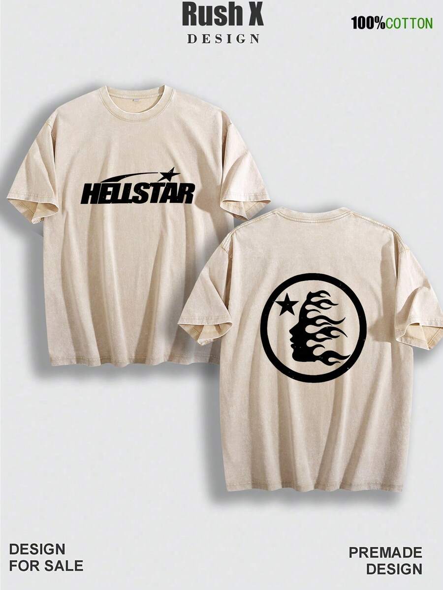 Men's Pattern Washed T-Shirt - Double Sided Printing, 100% Cotton, Short Sleeved, Summer Casual T-Shirt, Black With White Star Design, Loose Fit, Machine Washable, Daily T-Shirt | Loose Fit Shirt | 100% Cotton T-Shirt, Cotton T-Shirt - 杏色 - 查看 1