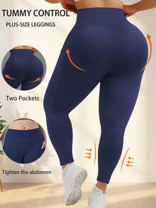 大码女式高腰瑜伽裤，收腹塑形，运动紧身裤，带4个侧袋，适合跑步、健身、休闲和运动穿着 - 藏蓝色 - 查看 3